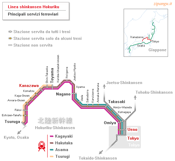 Linea Hokuriku-Shinkansen; tra Tokyo e Kanazawa: servizi Kagayaki, Hakutaka, Asama e Tsurugi