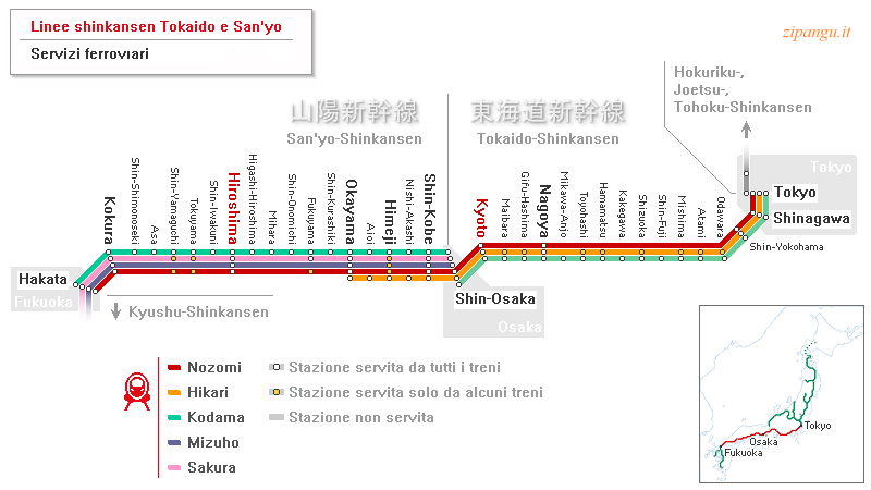 Linee Tokaido-Shinkansen e San'yo-Shinkansen; tra Kyoto e Hiroshima: servizi Nozomi, Hikari, Kodama, Mizuho, Sakura