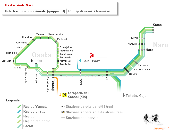 Servizi ferroviari tra Nara e Osaka lungo le linee della rete ferroviaria nazionale (gruppo JR): diagramma delle fermate dei treni